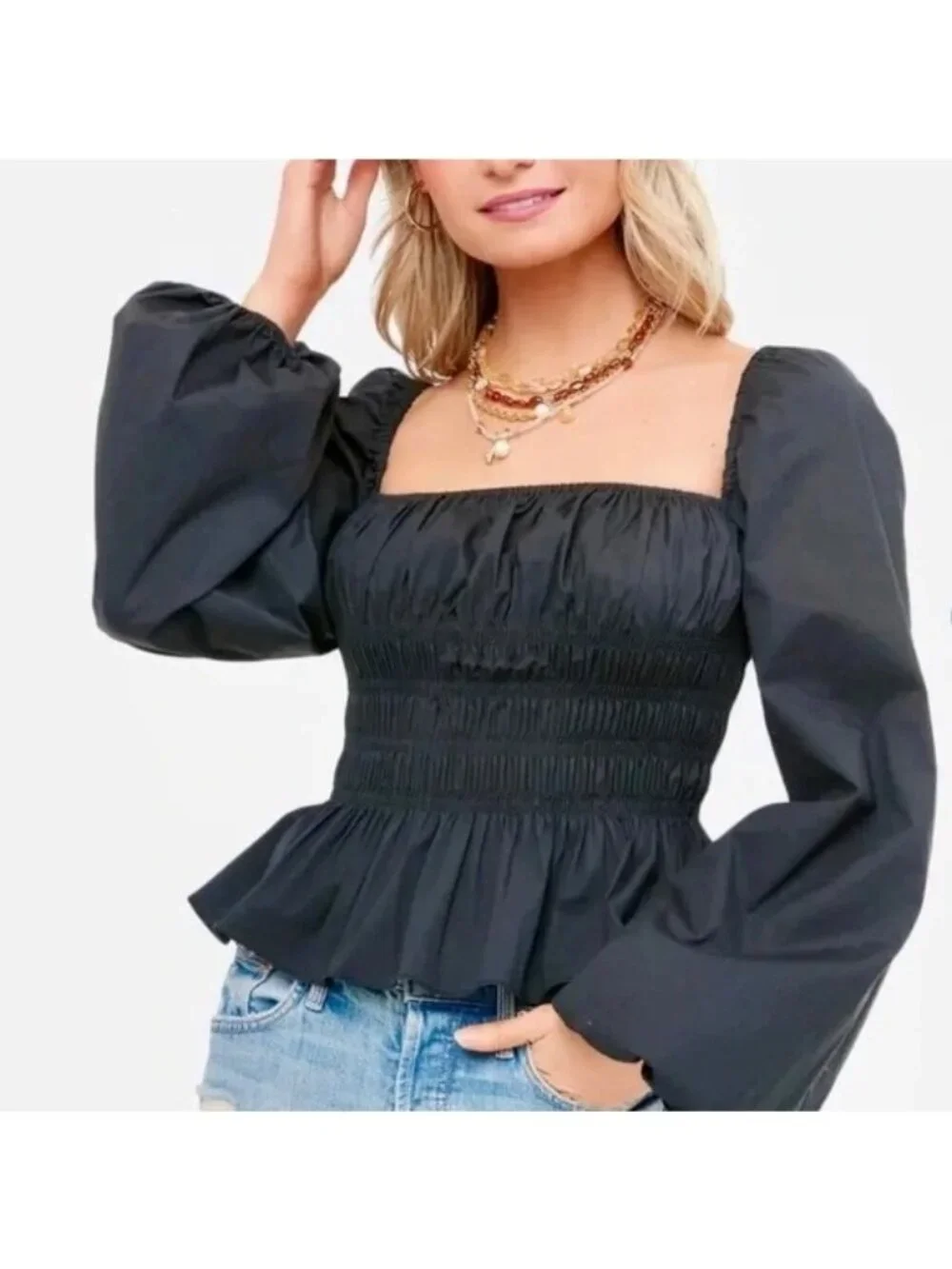 STAUD Jules Smocked Puff-Sleeve Peplum Top Black Women's Large New With Tag
